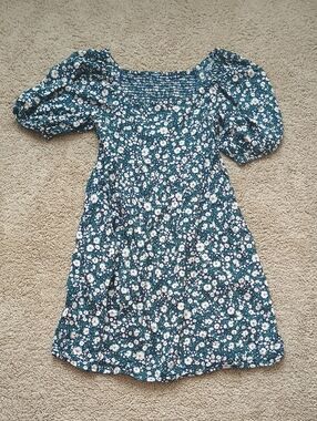 Girls Teal Floral Puff-Sleeve Dress